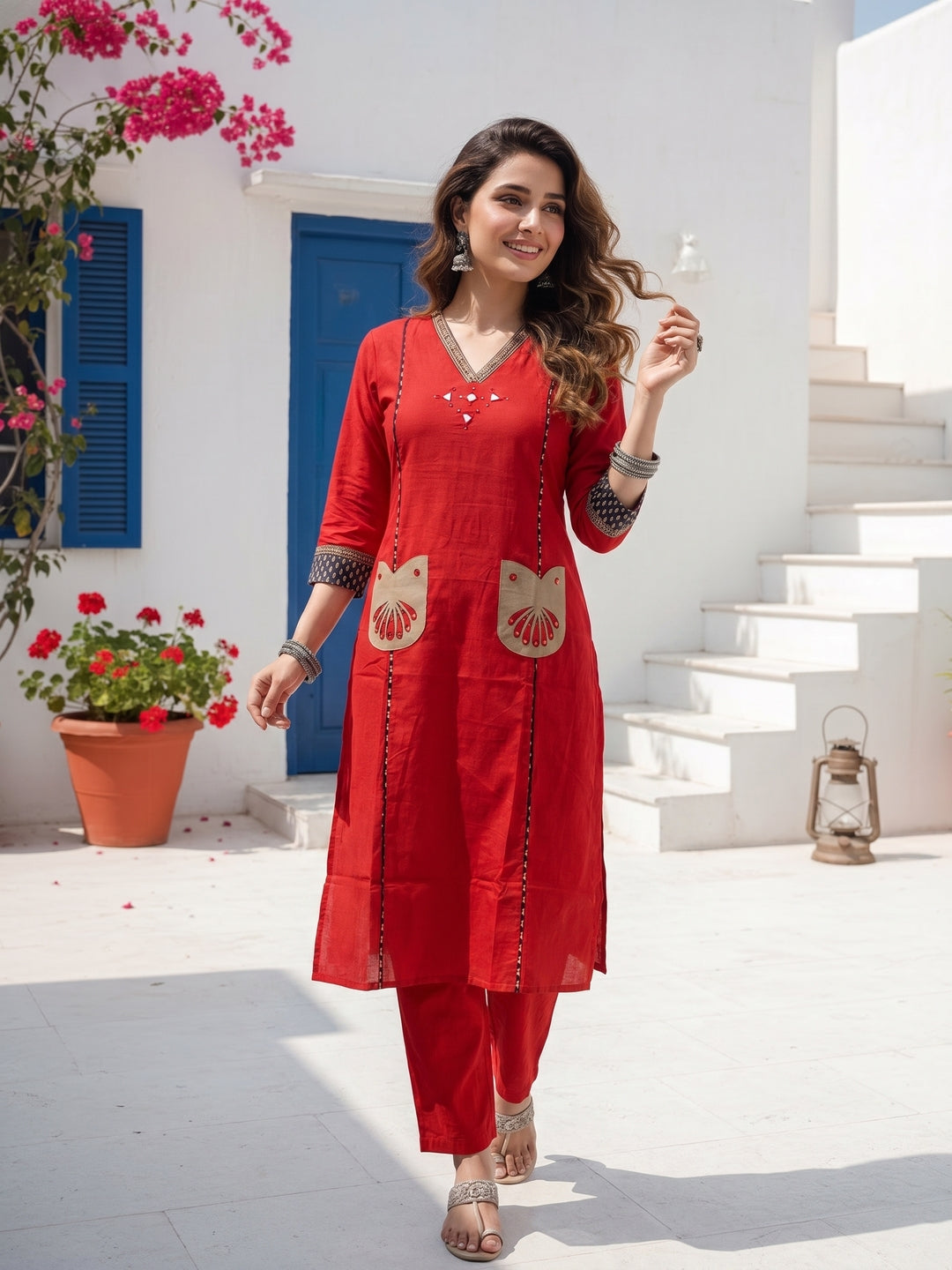 Maroon Solid Mirror Work A-Line Kurta with Pyjama & Printed Dupatta