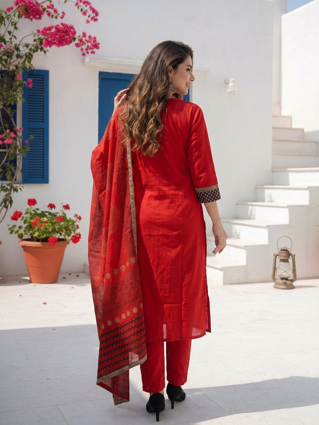 Maroon Solid Mirror Work A-Line Kurta with Pyjama & Printed Dupatta