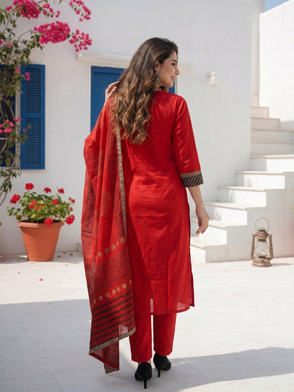 Maroon Solid Mirror Work A-Line Kurta with Pyjama & Printed Dupatta