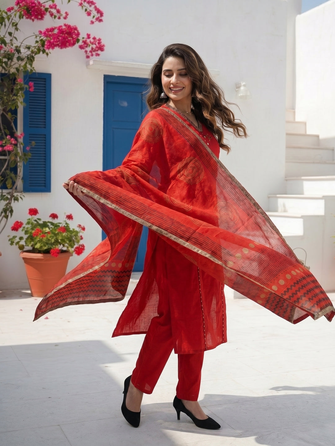 Maroon Solid Mirror Work A-Line Kurta with Pyjama & Printed Dupatta