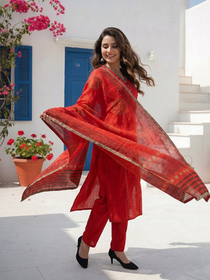 Maroon Solid Mirror Work A-Line Kurta with Pyjama & Printed Dupatta