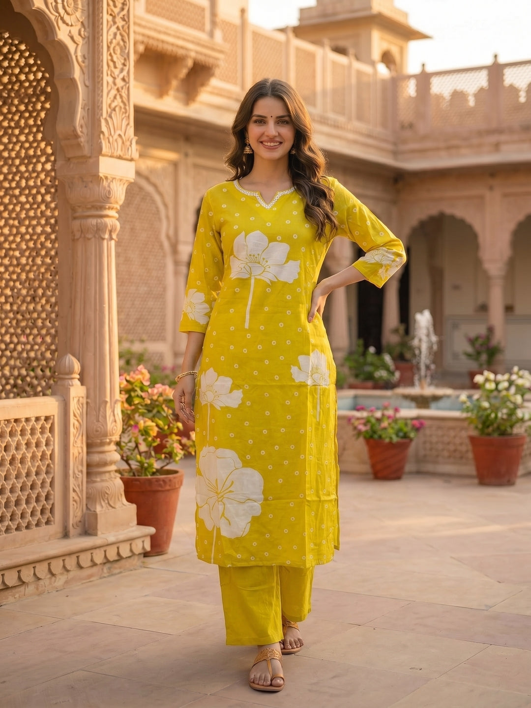 Lime Green Floral Printed Mirror Work Straight Kurta with Pant & Dupatta