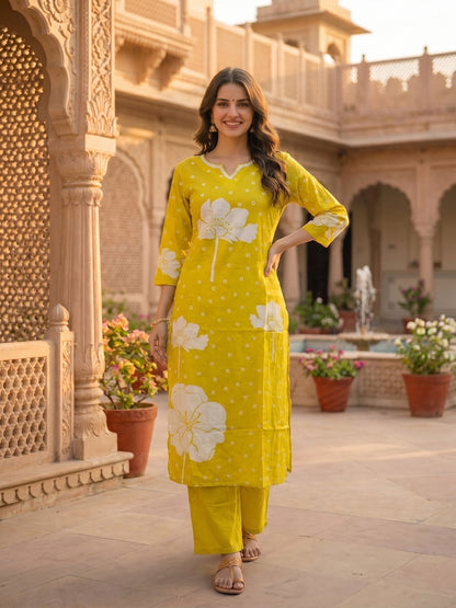 Lime Green Floral Printed Mirror Work Straight Kurta with Pant & Dupatta