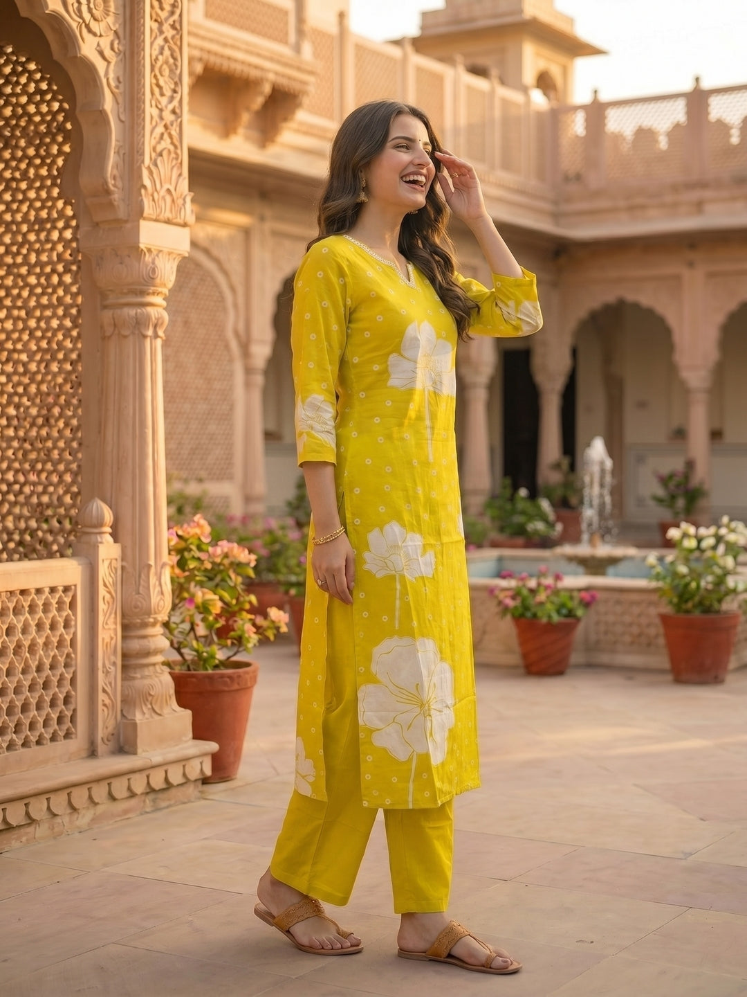 Lime Green Floral Printed Mirror Work Straight Kurta with Pant & Dupatta