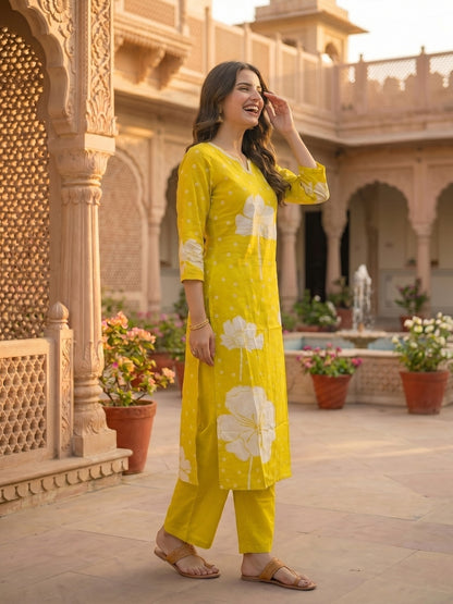 Lime Green Floral Printed Mirror Work Straight Kurta with Pant & Dupatta
