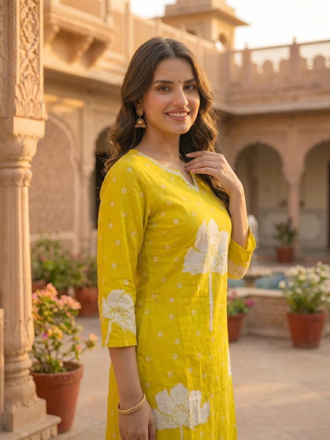 Lime Green Floral Printed Mirror Work Straight Kurta with Pant & Dupatta
