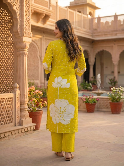 Lime Green Floral Printed Mirror Work Straight Kurta with Pant & Dupatta