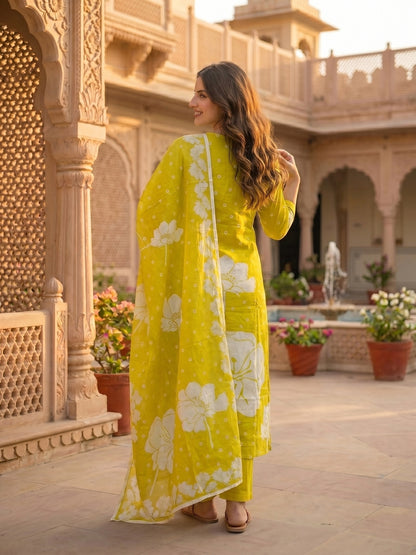 Lime Green Floral Printed Mirror Work Straight Kurta with Pant & Dupatta