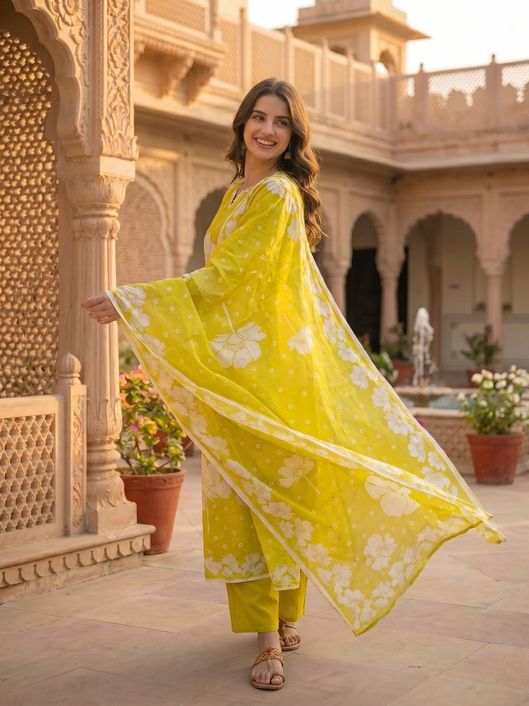 Lime Green Floral Printed Mirror Work Straight Kurta with Pant & Dupatta