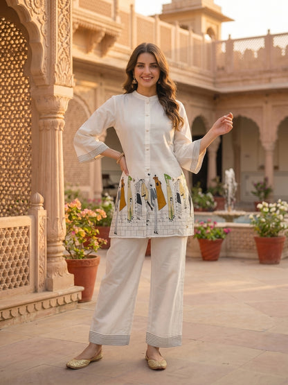 Abstract Human Figure Printed Straight Fit Co-ord Set - Off White