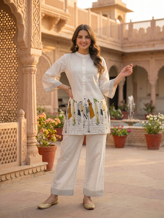 Abstract Human Figure Printed Straight Fit Co-ord Set - Off White