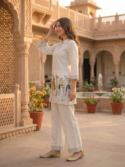 Abstract Human Figure Printed Straight Fit Co-ord Set - Off White