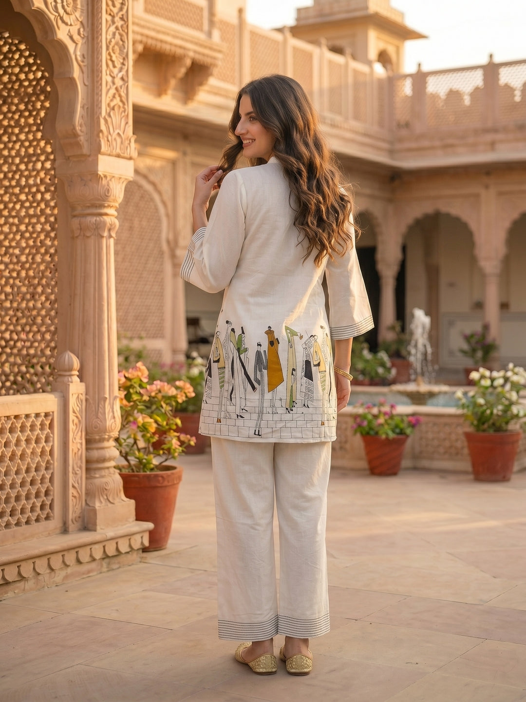 Abstract Human Figure Printed Straight Fit Co-ord Set - Off White