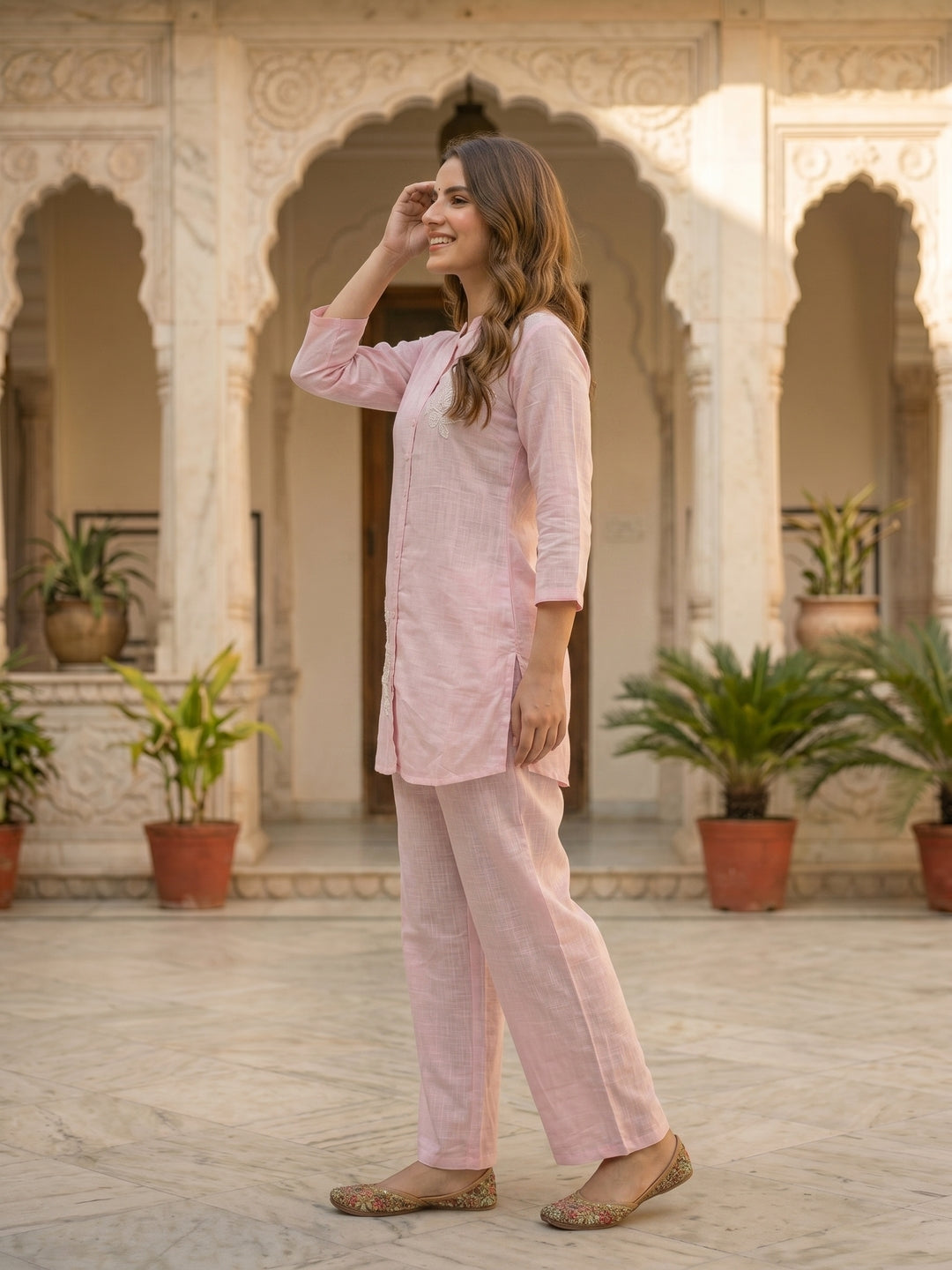 Solid Floral Cord Work Embroidered Straight Fit Co-ord Set - Pink
