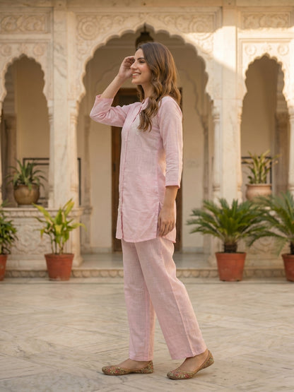 Solid Floral Cord Work Embroidered Straight Fit Co-ord Set - Pink