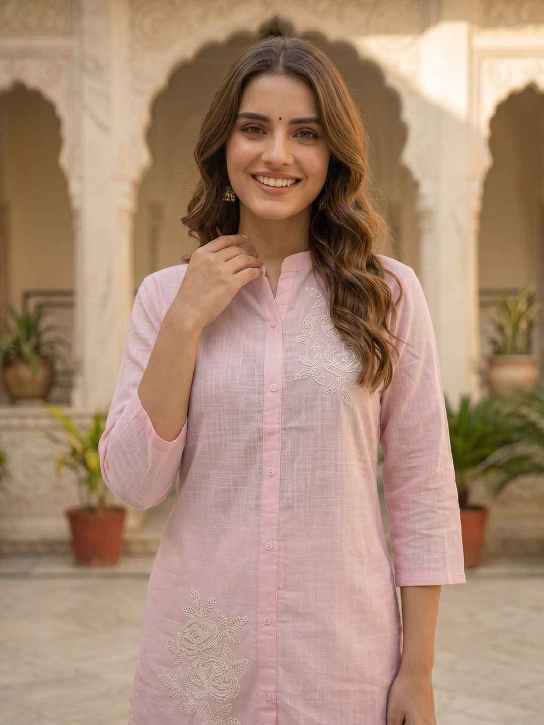 Solid Floral Cord Work Embroidered Straight Fit Co-ord Set - Pink