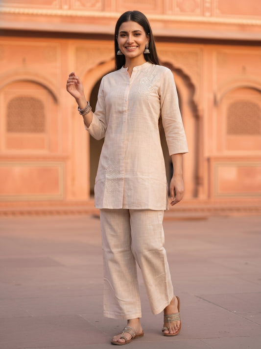 Floral Thread Embroidered Straight Kurta Co-ord Set with Straight Pants - Ivory