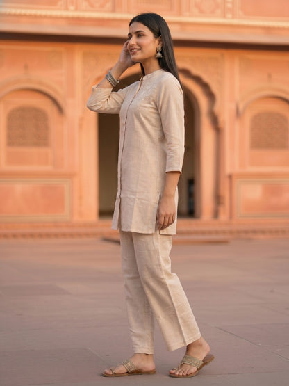 Floral Thread Embroidered Straight Kurta Co-ord Set with Straight Pants - Ivory