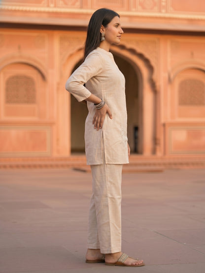 Floral Thread Embroidered Straight Kurta Co-ord Set with Straight Pants - Ivory