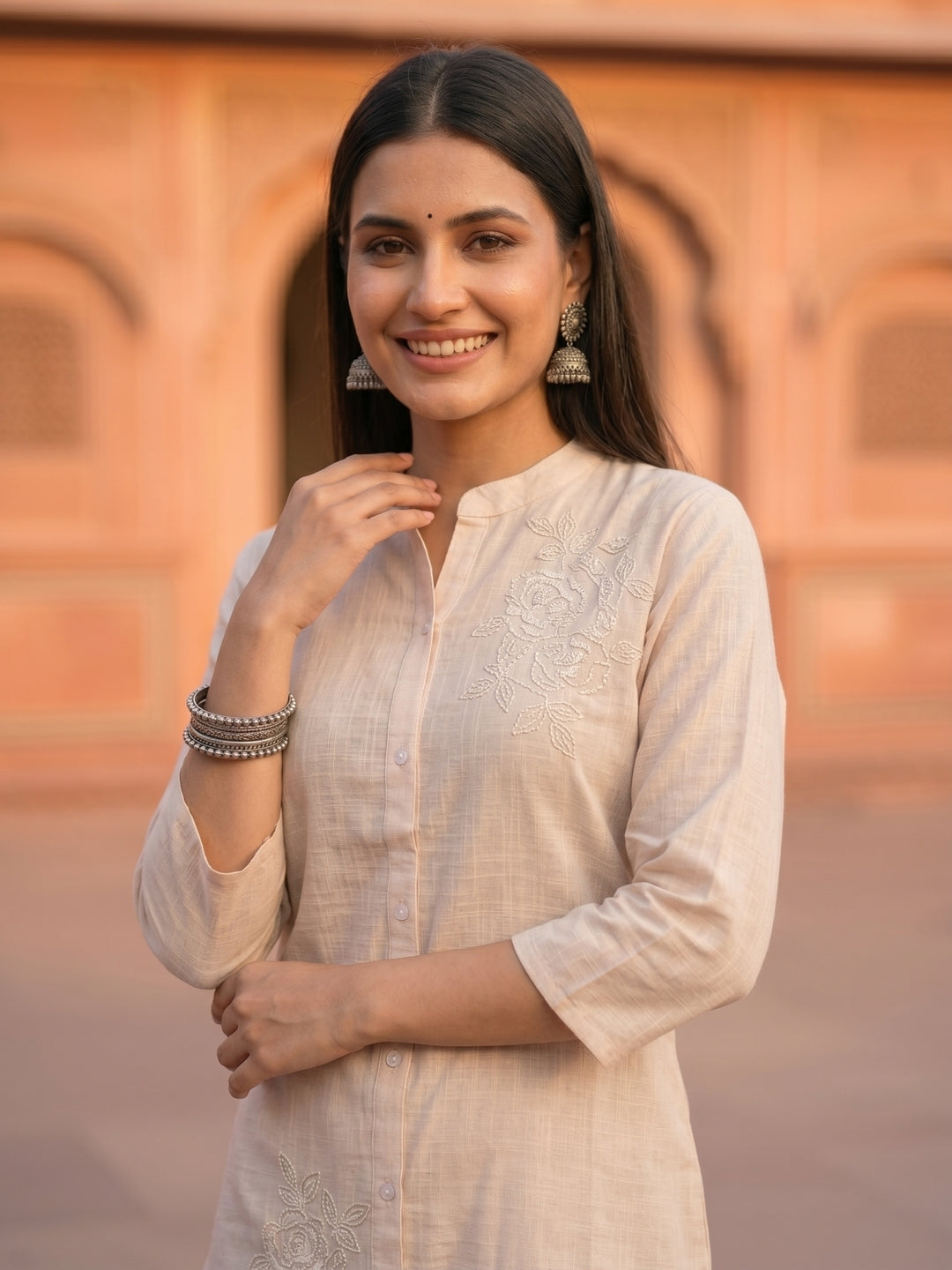Floral Thread Embroidered Straight Kurta Co-ord Set with Straight Pants - Ivory