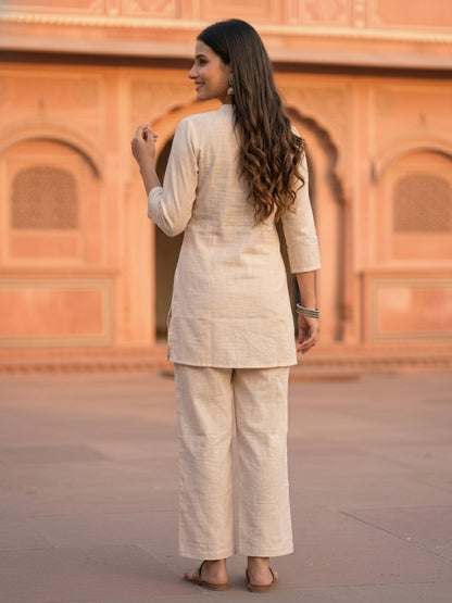 Floral Thread Embroidered Straight Kurta Co-ord Set with Straight Pants - Ivory