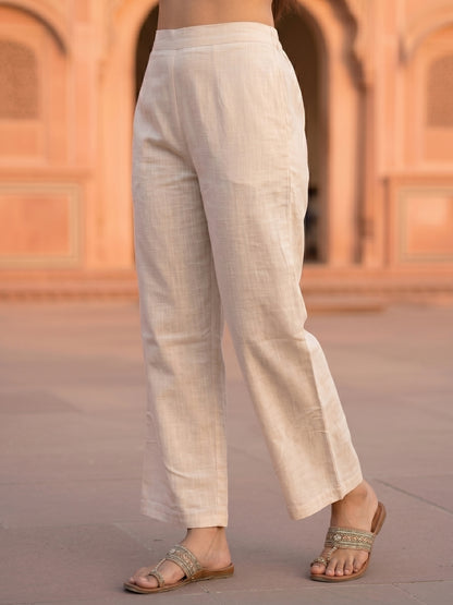 Floral Thread Embroidered Straight Kurta Co-ord Set with Straight Pants - Ivory