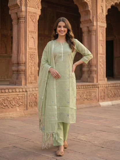 Solid Floral Embroidered Straight Kurta with Pant and Dupatta - Pista Green