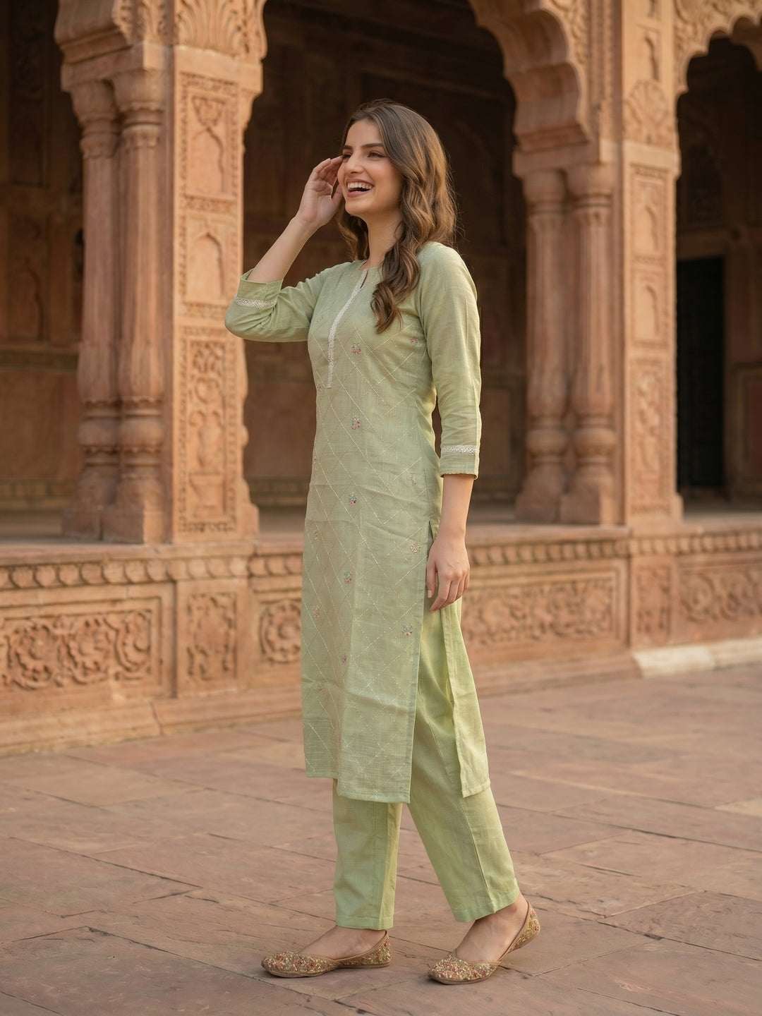 Solid Floral Embroidered Straight Kurta with Pant and Dupatta - Pista Green