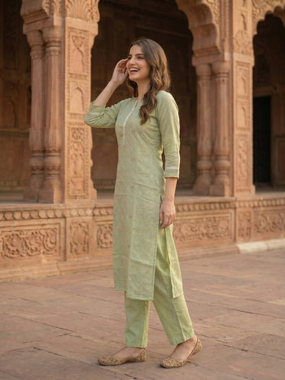Solid Floral Embroidered Straight Kurta with Pant and Dupatta - Pista Green