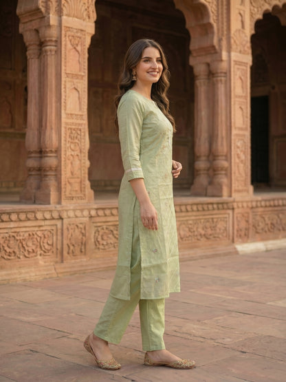 Solid Floral Embroidered Straight Kurta with Pant and Dupatta - Pista Green