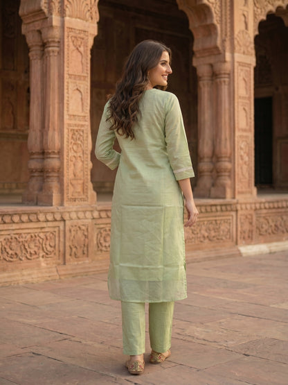 Solid Floral Embroidered Straight Kurta with Pant and Dupatta - Pista Green