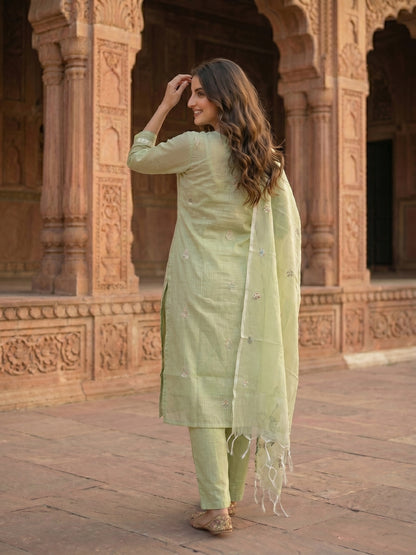 Solid Floral Embroidered Straight Kurta with Pant and Dupatta - Pista Green