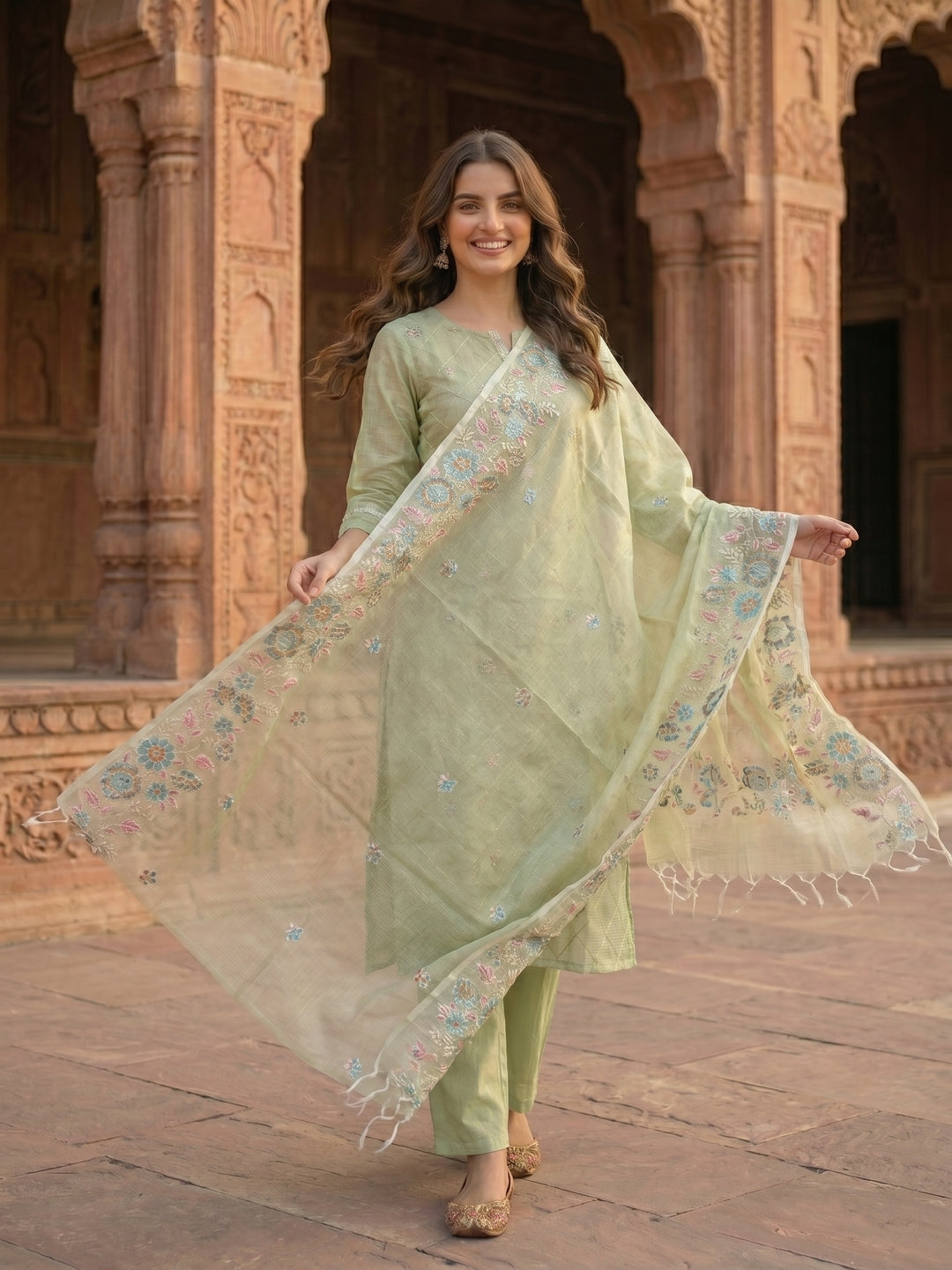 Solid Floral Embroidered Straight Kurta with Pant and Dupatta - Pista Green