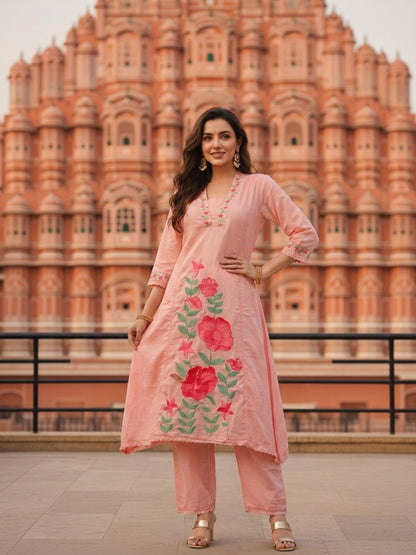 Solid Floral Embroidered A-Line Mulmul Kurta with Palazzo and Dupatta - Pink
