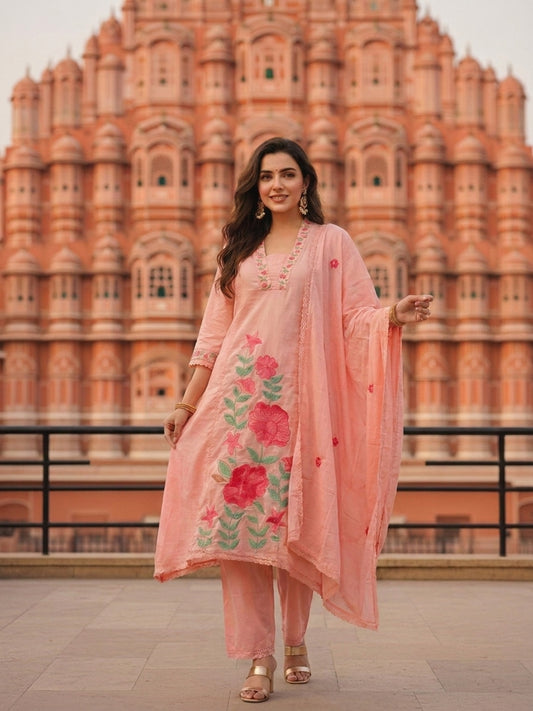 Solid Floral Embroidered A-Line Mulmul Kurta with Palazzo and Dupatta - Pink