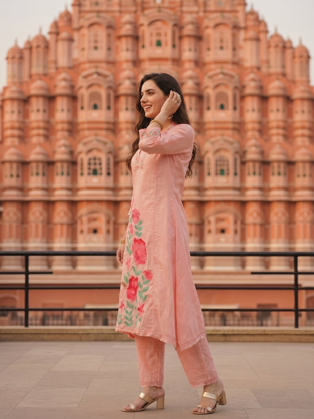 Solid Floral Embroidered A-Line Mulmul Kurta with Palazzo and Dupatta - Pink