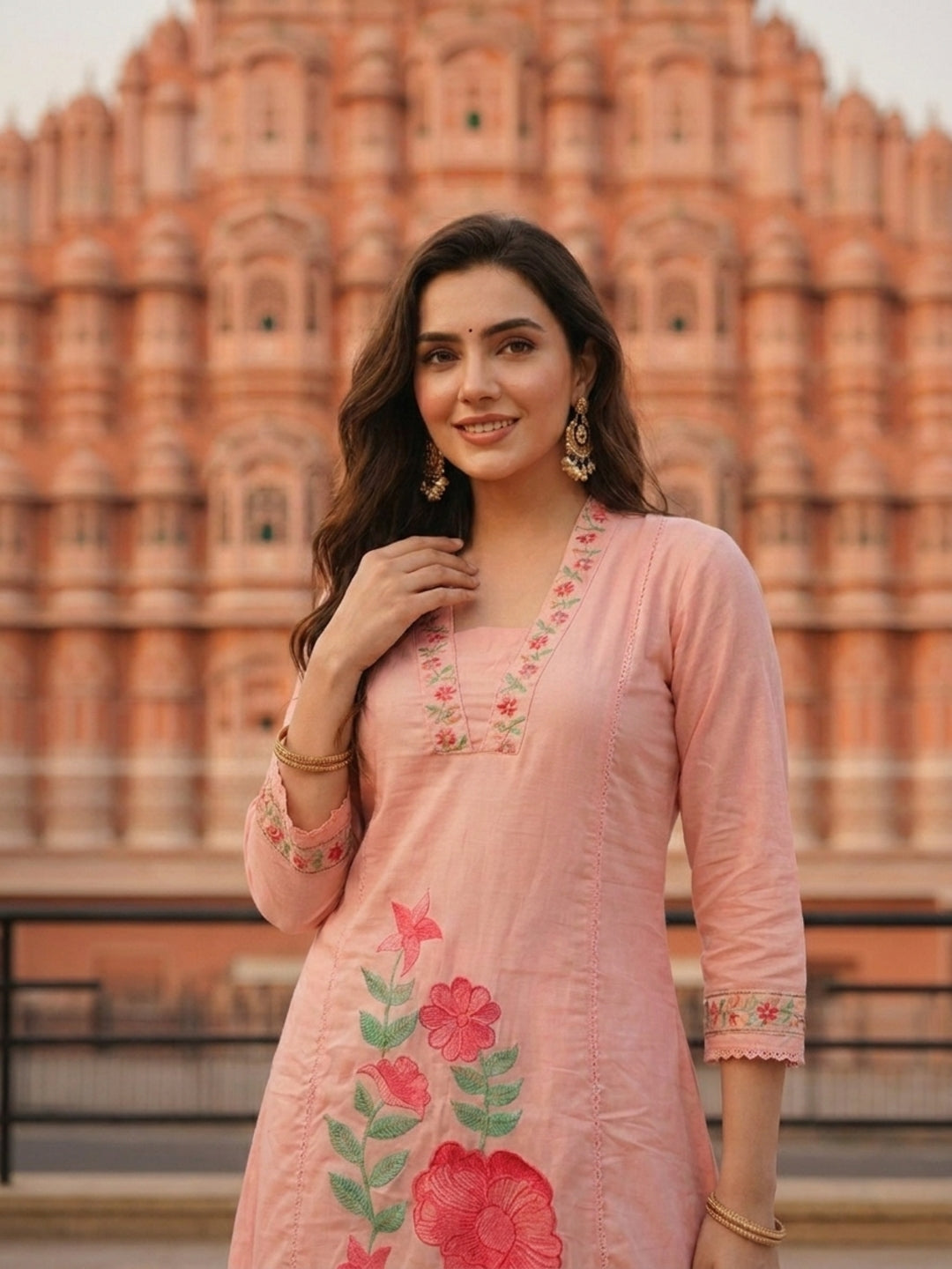 Solid Floral Embroidered A-Line Mulmul Kurta with Palazzo and Dupatta - Pink