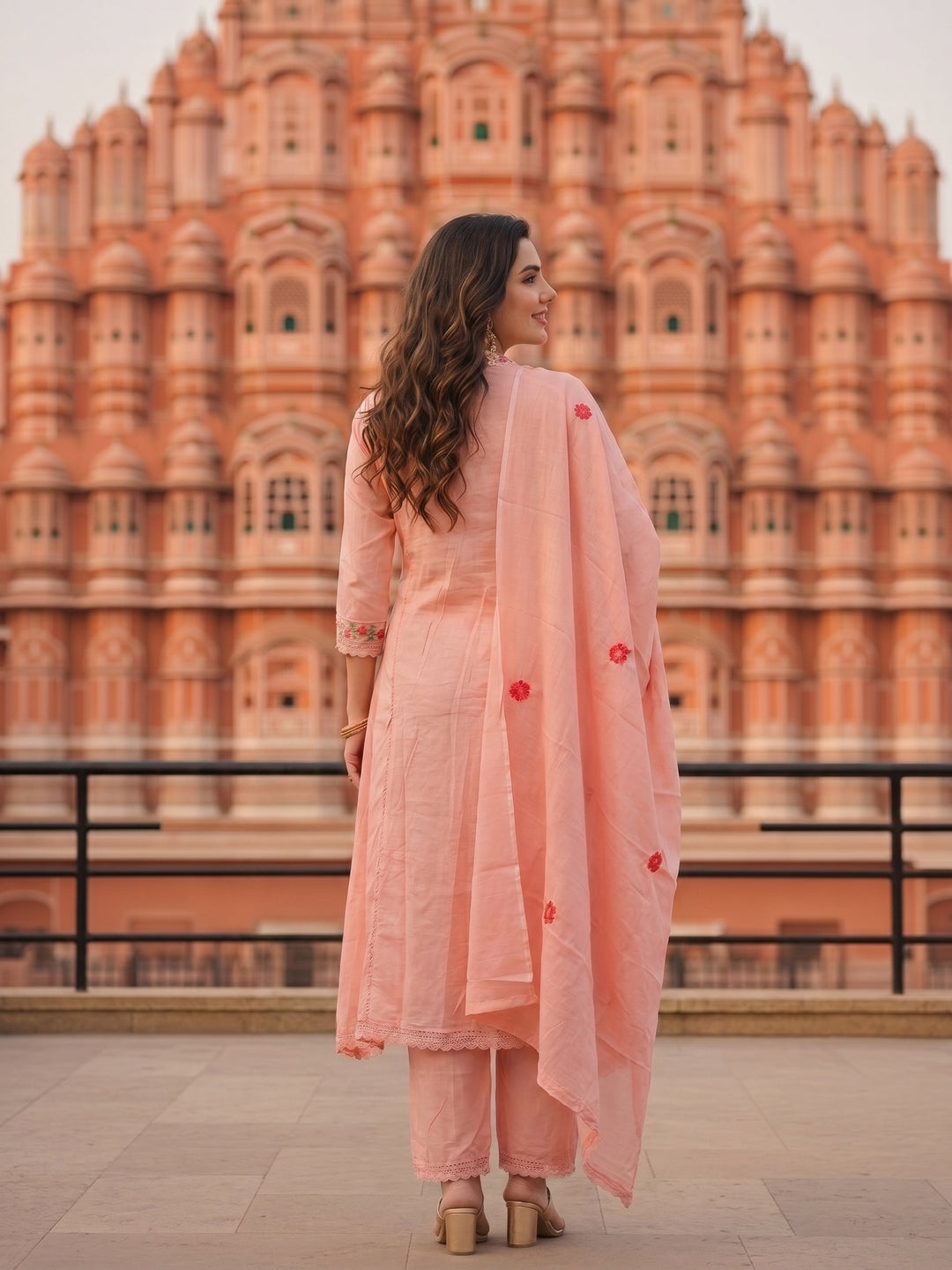 Solid Floral Embroidered A-Line Mulmul Kurta with Palazzo and Dupatta - Pink