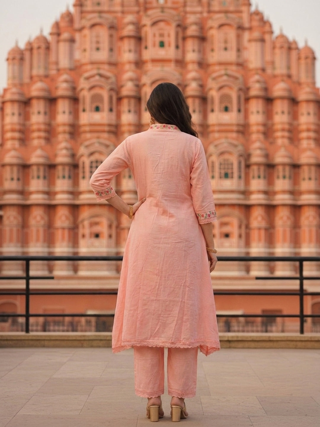 Solid Floral Embroidered A-Line Mulmul Kurta with Palazzo and Dupatta - Pink