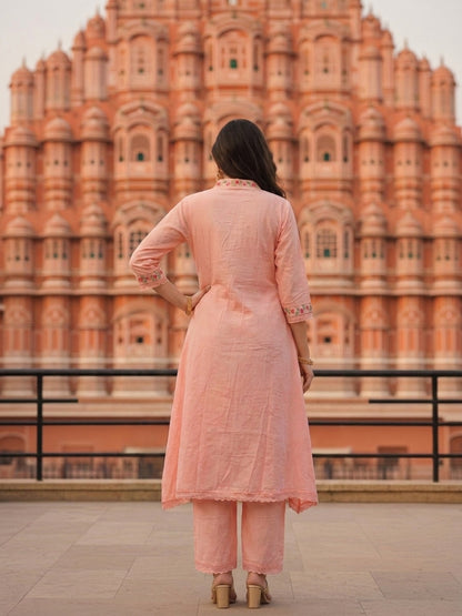 Solid Floral Embroidered A-Line Mulmul Kurta with Palazzo and Dupatta - Pink