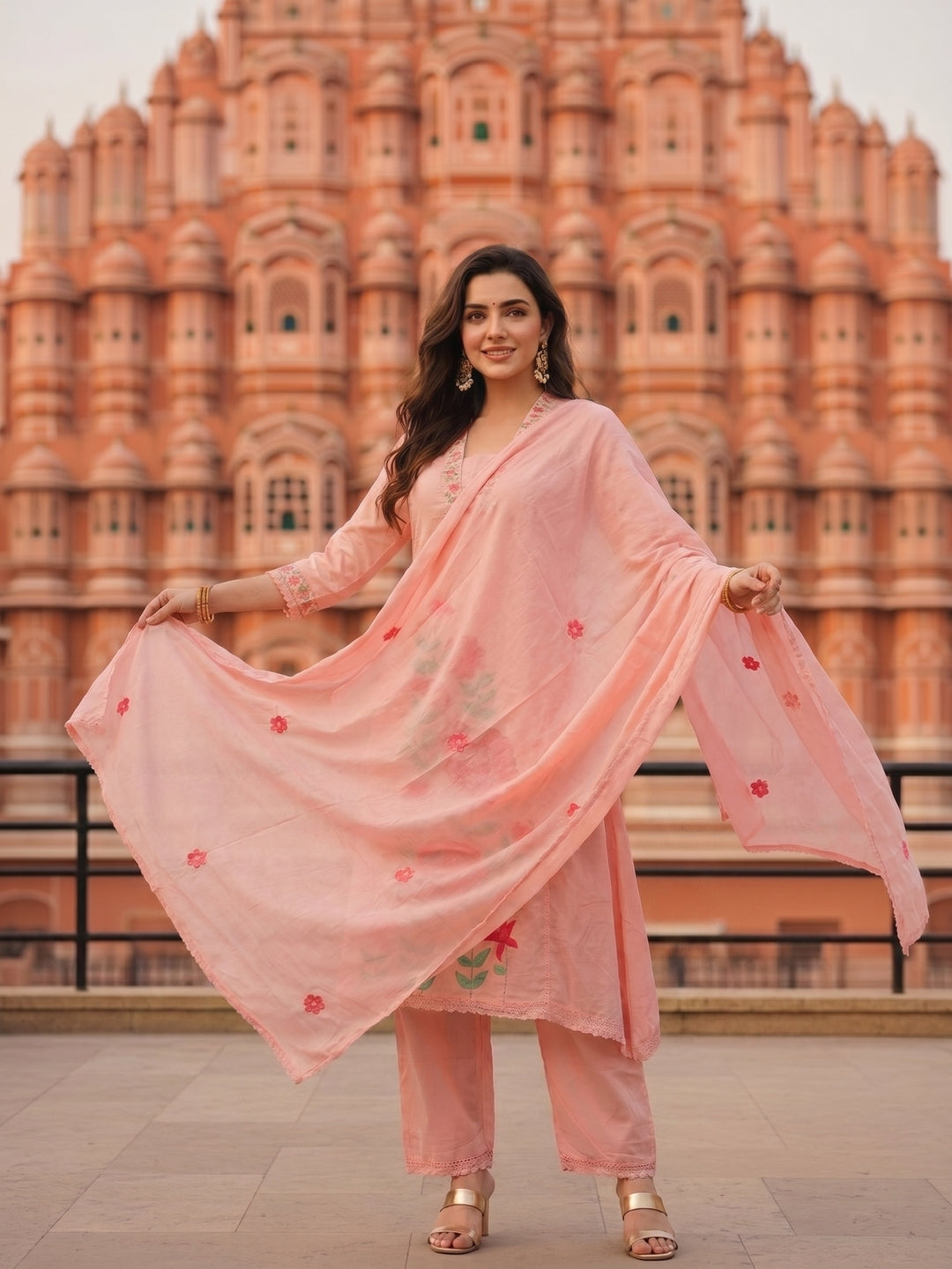 Solid Floral Embroidered A-Line Mulmul Kurta with Palazzo and Dupatta - Pink