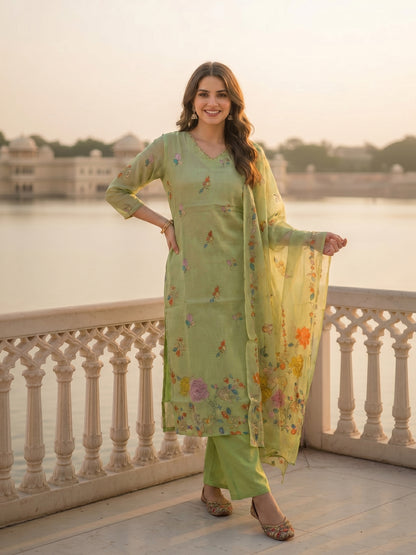 Solid Floral Embroidered Straight Kurta with Palazzo and Dupatta - Pista Green