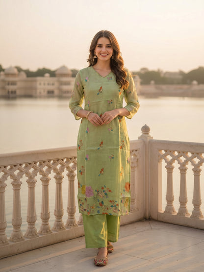 Solid Floral Embroidered Straight Kurta with Palazzo and Dupatta - Pista Green