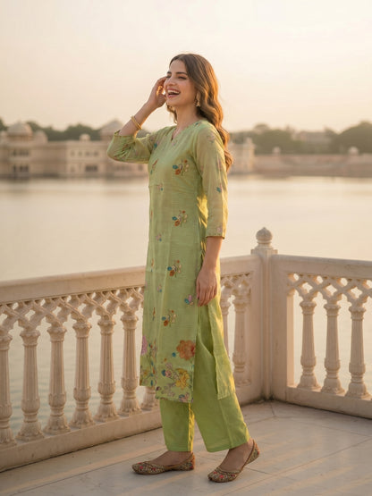 Solid Floral Embroidered Straight Kurta with Palazzo and Dupatta - Pista Green