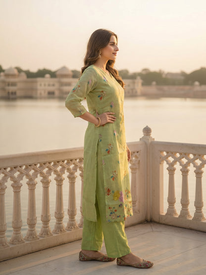 Solid Floral Embroidered Straight Kurta with Palazzo and Dupatta - Pista Green
