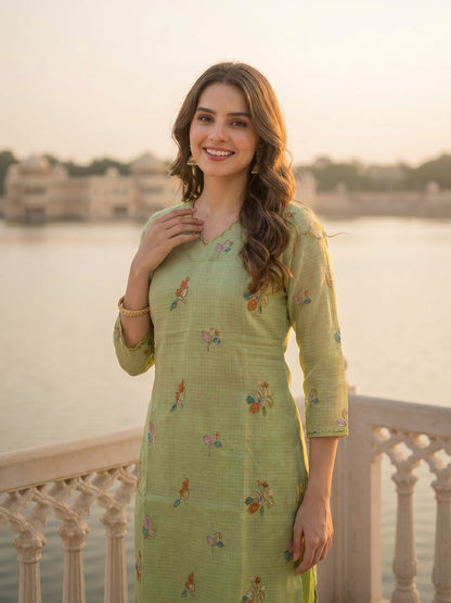 Solid Floral Embroidered Straight Kurta with Palazzo and Dupatta - Pista Green