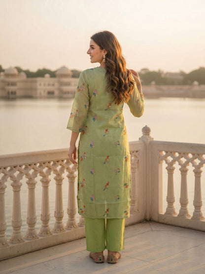 Solid Floral Embroidered Straight Kurta with Palazzo and Dupatta - Pista Green