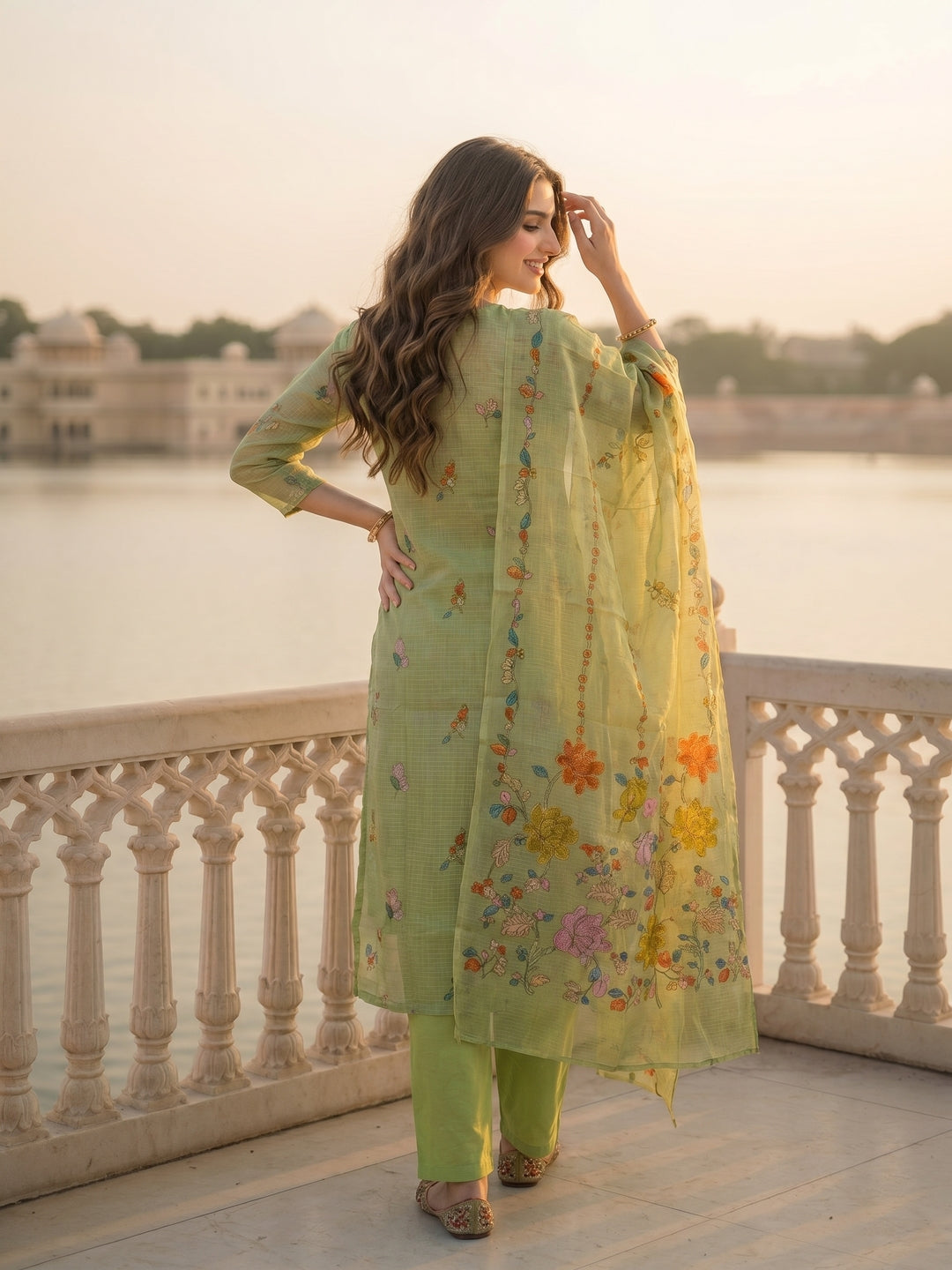 Solid Floral Embroidered Straight Kurta with Palazzo and Dupatta - Pista Green