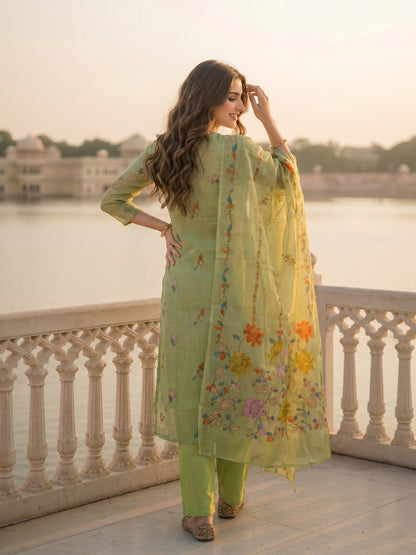 Solid Floral Embroidered Straight Kurta with Palazzo and Dupatta - Pista Green