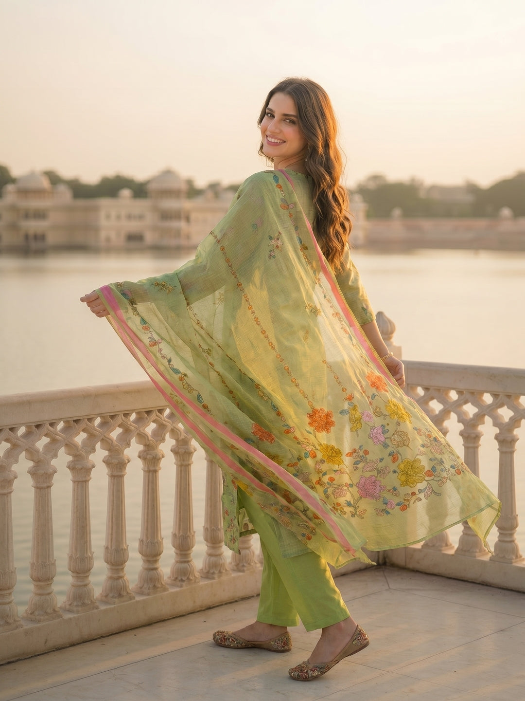 Solid Floral Embroidered Straight Kurta with Palazzo and Dupatta - Pista Green